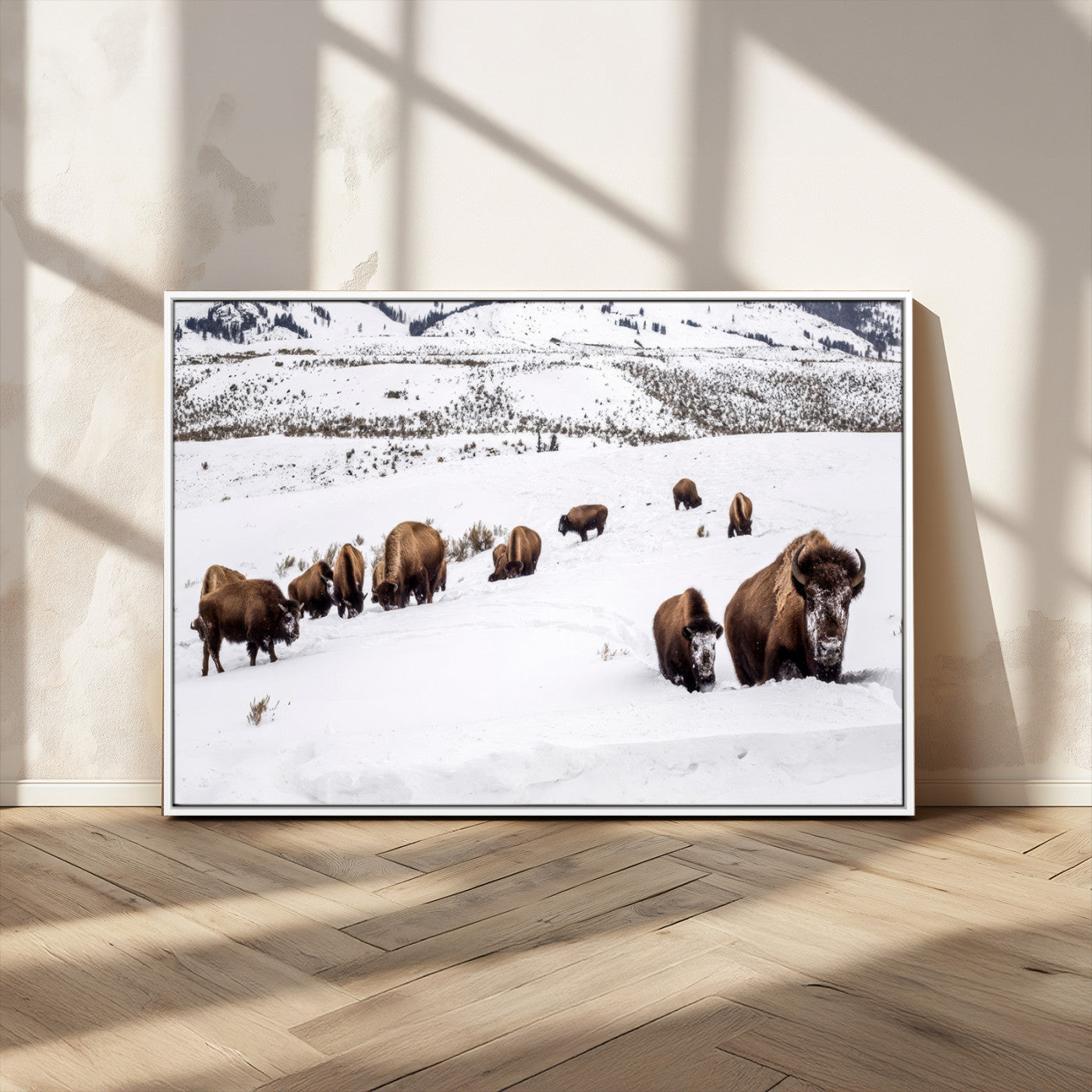 A herd of bison walking through deep snow in a mountain valley, perfect for rustic, cabin or western-themed wall decor.