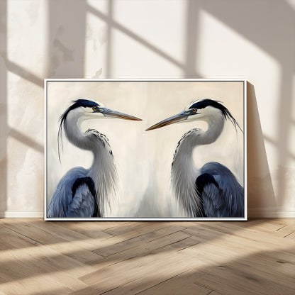 Two blue herons facing each other on a soft neutral background, ideal for coastal, tranquil, or nature-inspired minimalist interiors.