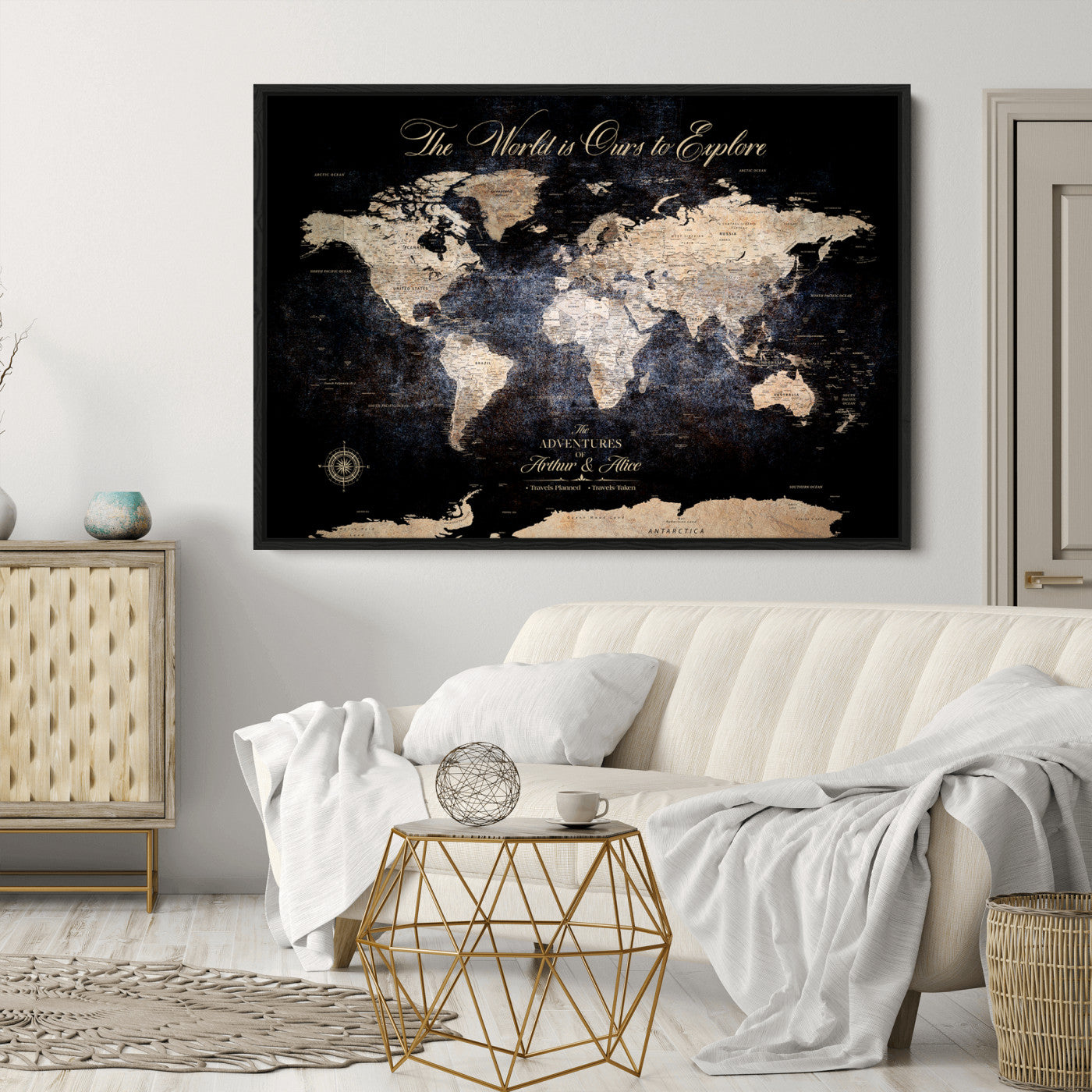 '-Customize Push Pin World Map Wall Canvas Print, Personalized Travel Tracker with Pins, Framed Large Canvas for Home Office Decor - H37