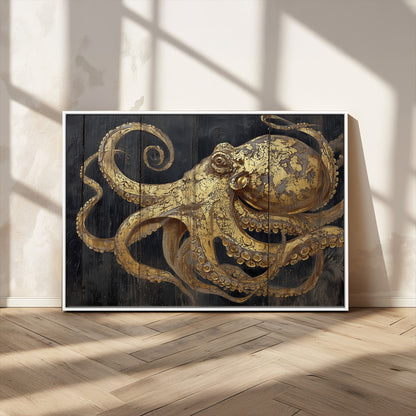 A detailed gold illustration of an octopus on black wooden planks, showing its intricate tentacles and textured skin in an artistic style.