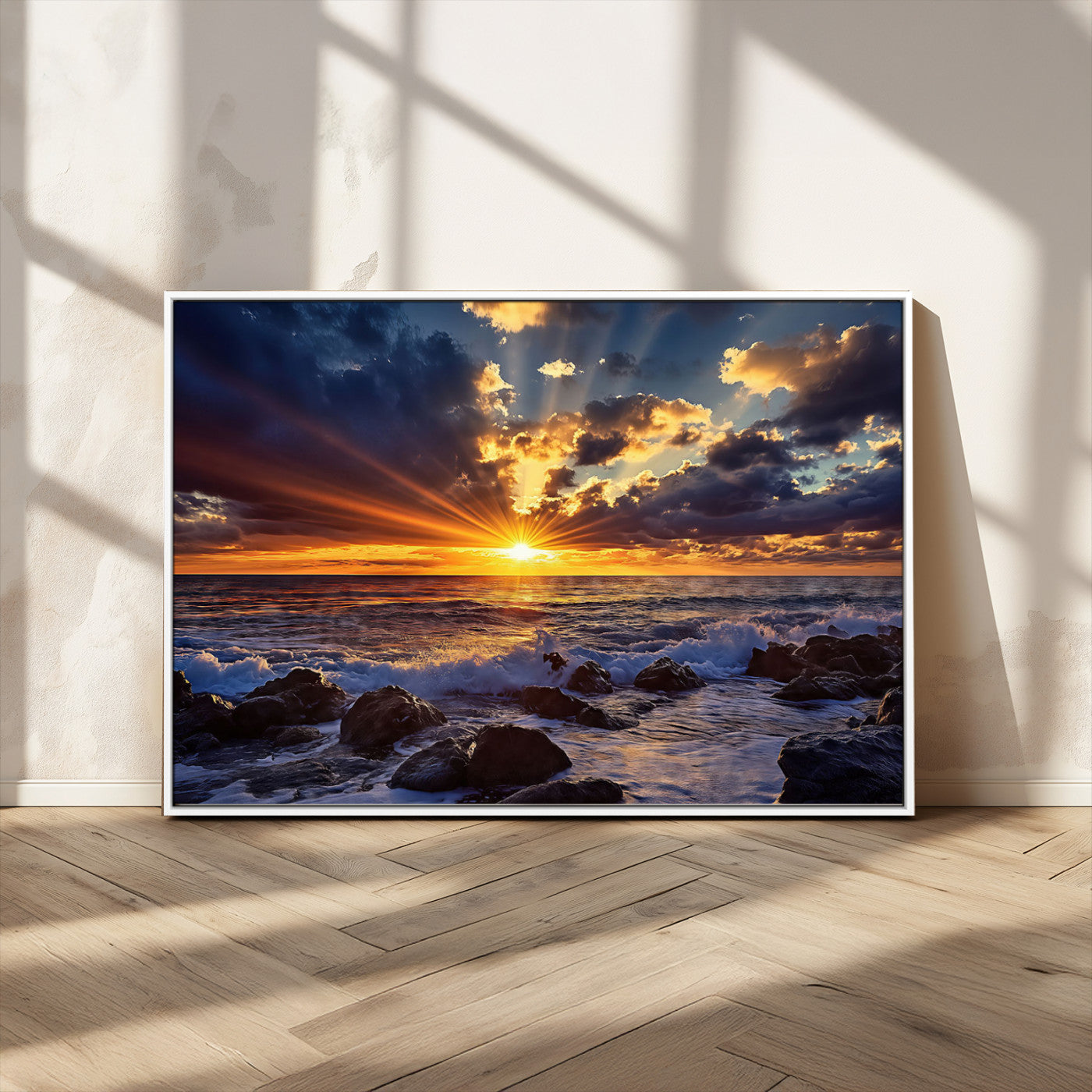 An explosive sunset over the ocean with dramatic clouds and rays of sunlight reflecting off the water, creating a vibrant and captivating view.