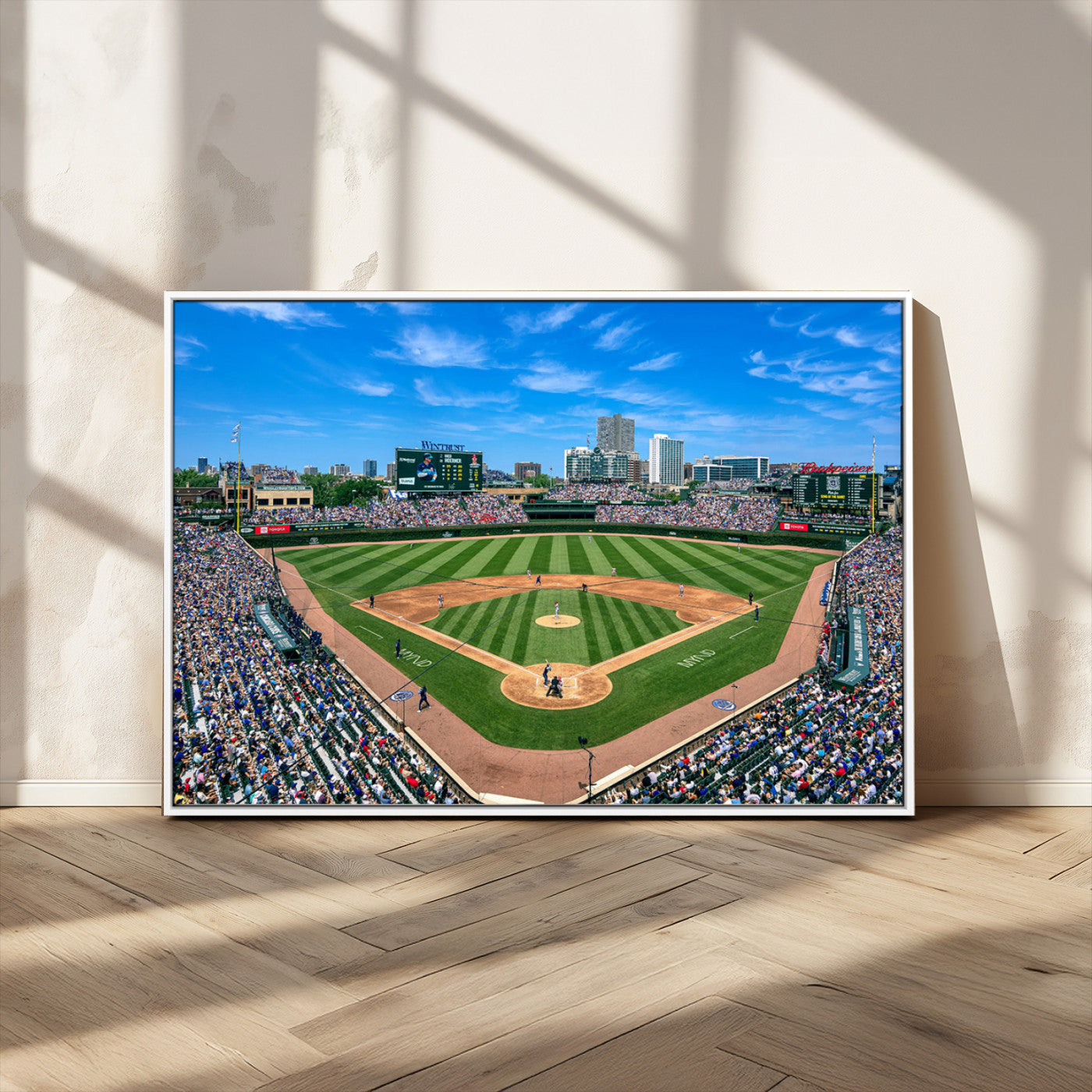 Wrigley Field Baseball Stadium Canvas Wall Art, Packed Crowd Sports Stadium Print, City Skyline Baseball Field Canvas for Game Room Decor