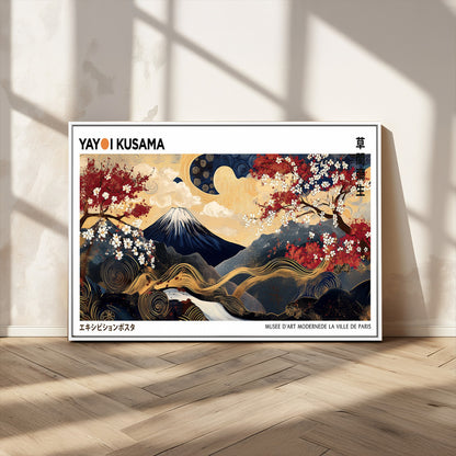 An artwork by Yayoi Kusama featuring Mount Fuji, blooming cherry blossoms, and swirling patterns in a harmonious blend of nature and art.