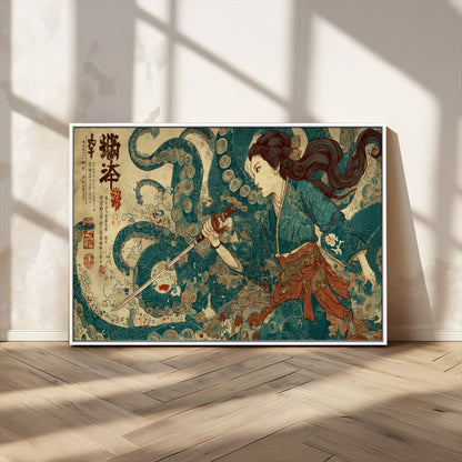 Tsukioka Yoshitoshi Samurai Wall Art Print, Japanese Katana Warrior Canvas Wall Art, Octopus Sea Monster Canvas Print,