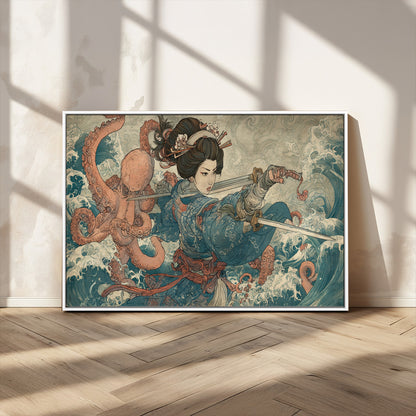 Tsukioka Yoshitoshi Samurai Wall Art Print, Japanese Katana Warrior Canvas Wall Art, Octopus Sea Monster Canvas Print,