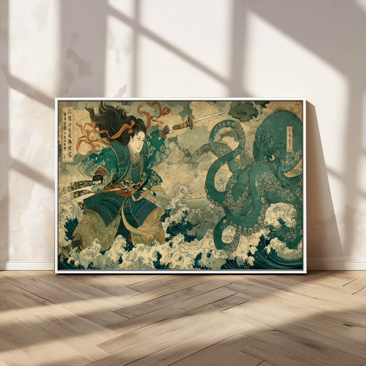 Tsukioka Yoshitoshi Samurai Wall Art Print, Japanese Katana Warrior Canvas Wall Art, Octopus Sea Monster Canvas Print,