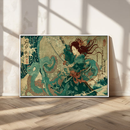 Tsukioka Yoshitoshi Samurai Wall Art Print, Japanese Katana Warrior Canvas Wall Art, Octopus Sea Monster Canvas Print,