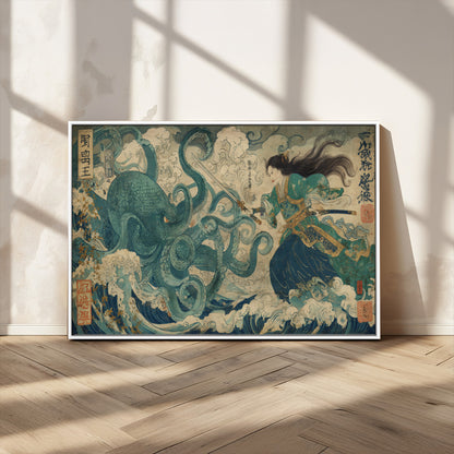 Tsukioka Yoshitoshi Samurai Wall Art Print, Japanese Katana Warrior Canvas Wall Art, Octopus Sea Monster Canvas Print,