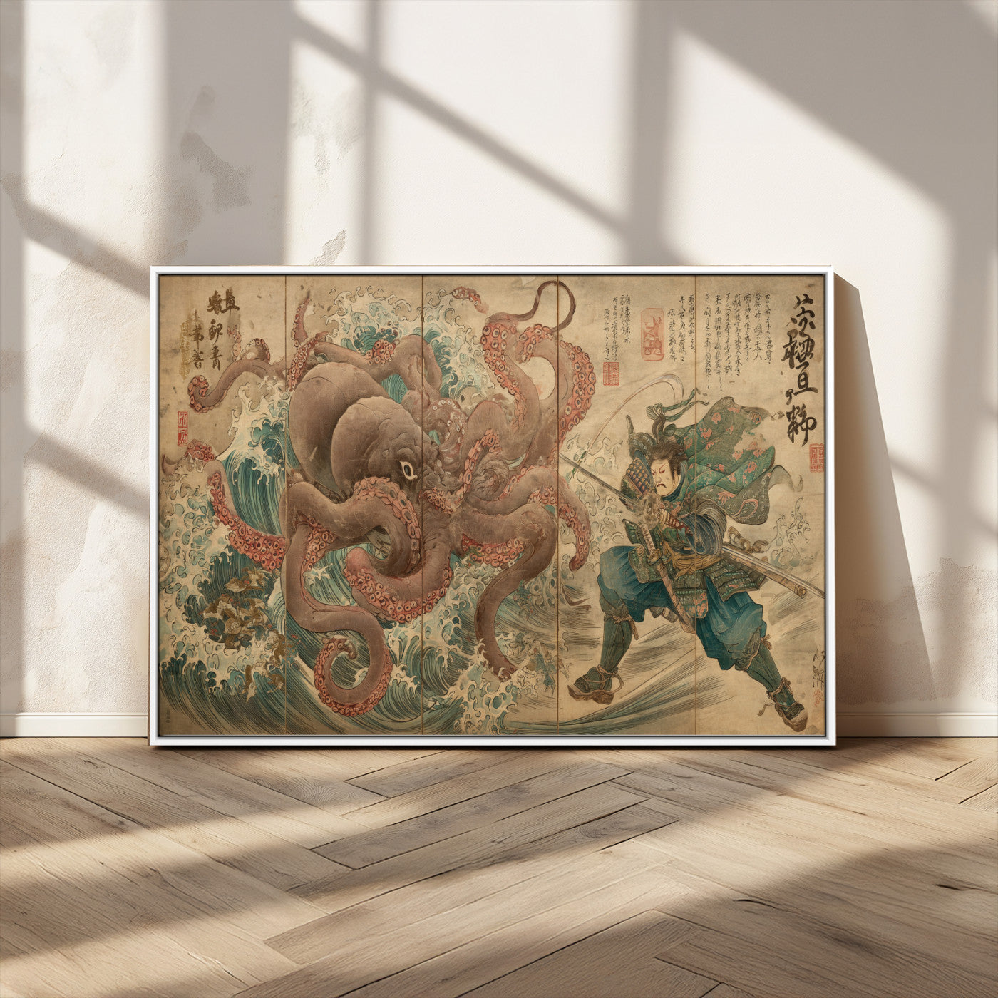 Tsukioka Yoshitoshi Samurai Wall Art Print, Japanese Katana Warrior Canvas Wall Art, Octopus Sea Monster Canvas Print,