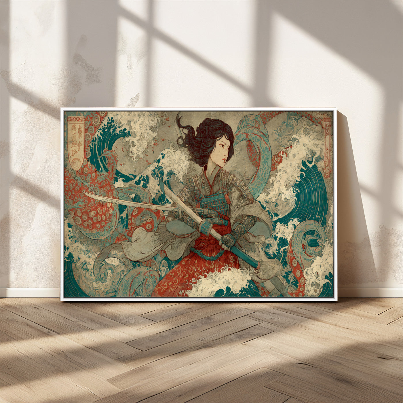 Tsukioka Yoshitoshi Samurai Wall Art Print, Japanese Katana Warrior Canvas Wall Art, Octopus Sea Monster Canvas Print,