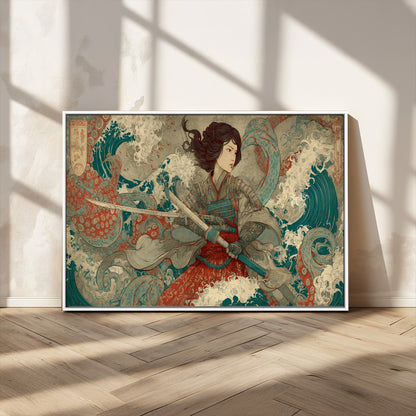 Tsukioka Yoshitoshi Samurai Wall Art Print, Japanese Katana Warrior Canvas Wall Art, Octopus Sea Monster Canvas Print,