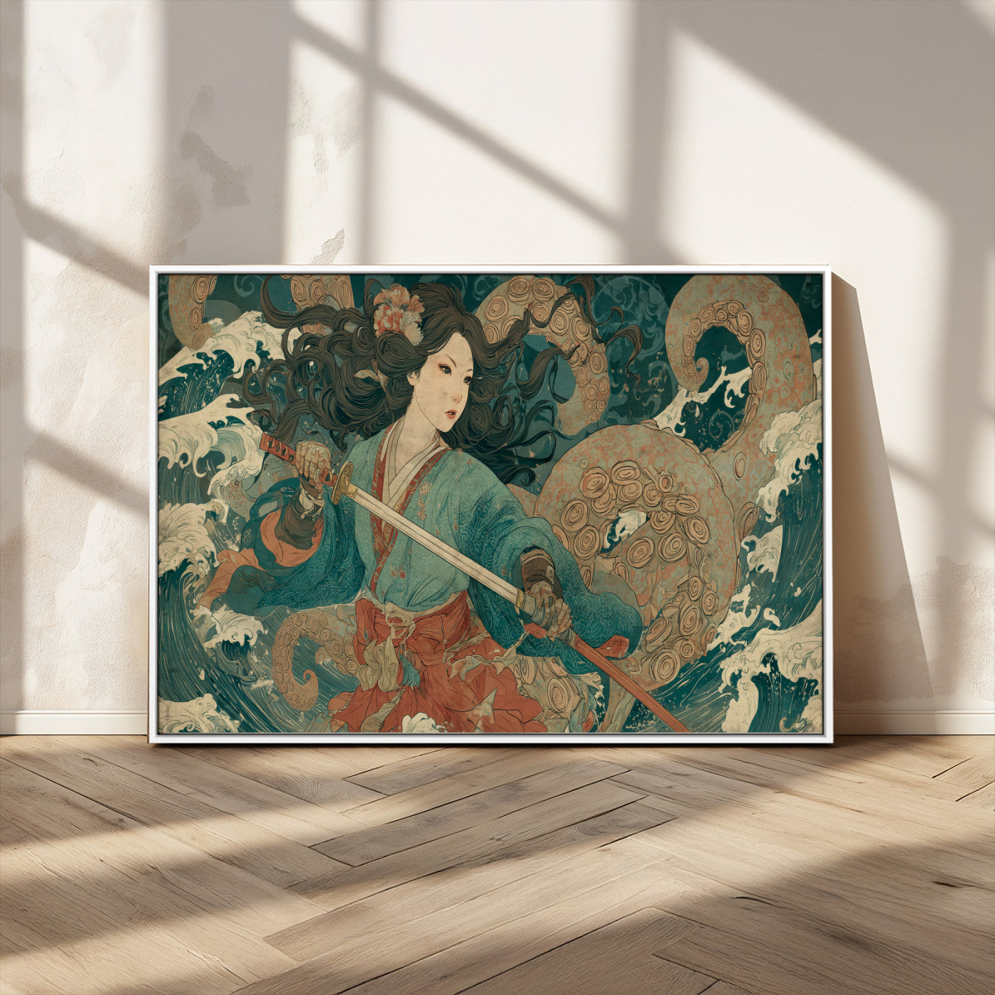 Tsukioka Yoshitoshi Samurai Wall Art Print, Japanese Katana Warrior Canvas Wall Art, Octopus Sea Monster Canvas Print,