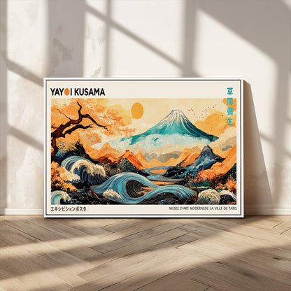Modern Japanese-style art print featuring a stylized Mount Fuji, flowing waves, and vibrant landscapes in bold colors, inspired by traditional and contemporary aesthetics.