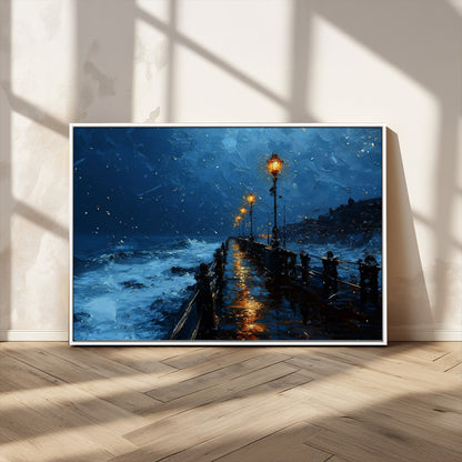 "Impressionistic painting of a rainy pier at night with glowing street lamps reflecting on the wet surface, ocean waves crashing under a dark blue sky."