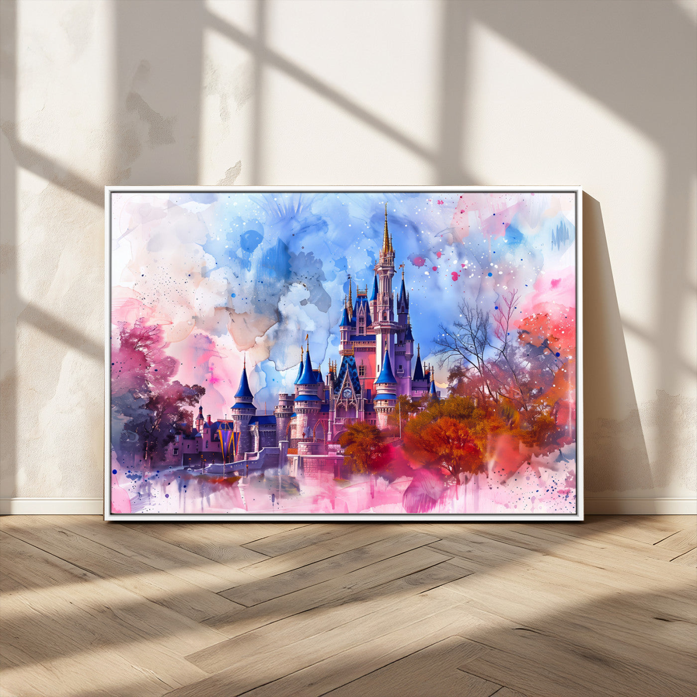 Watercolor canvas of a dreamy Disney-style castle in pastel pink and blue tones, perfect for fairytale or whimsical home decor.