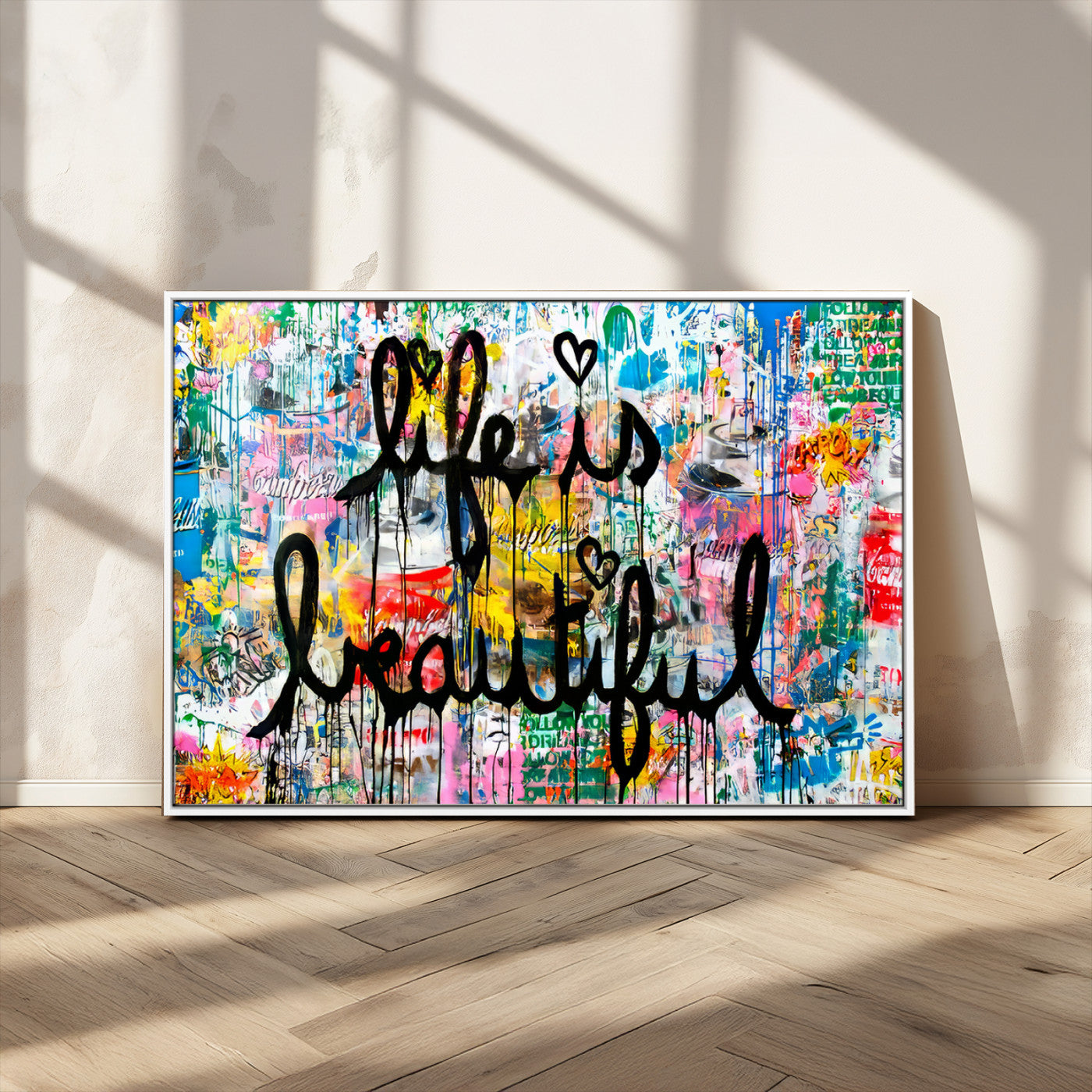 Colorful urban-style canvas with graffiti text “Life is Beautiful” in black paint, ideal for bold or street-themed home decor.