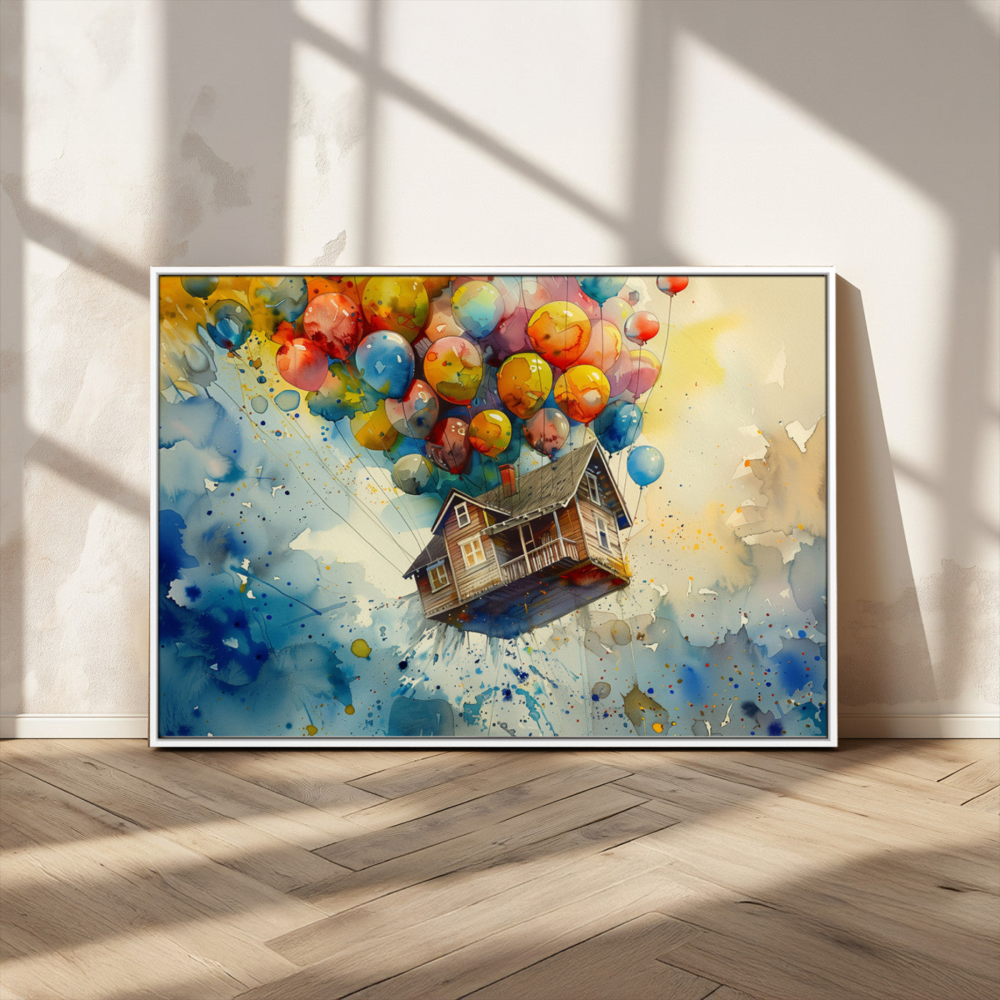 Whimsical canvas of a flying wooden house held by balloons, in dreamy watercolor tones, ideal for fantasy-inspired home decor.