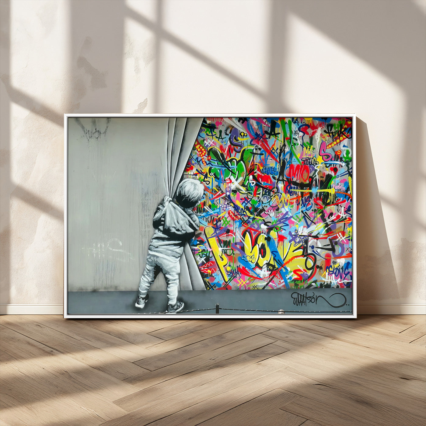 Canvas showing a child revealing a vibrant graffiti world behind a gray wall, ideal for bold and urban street-style decor.