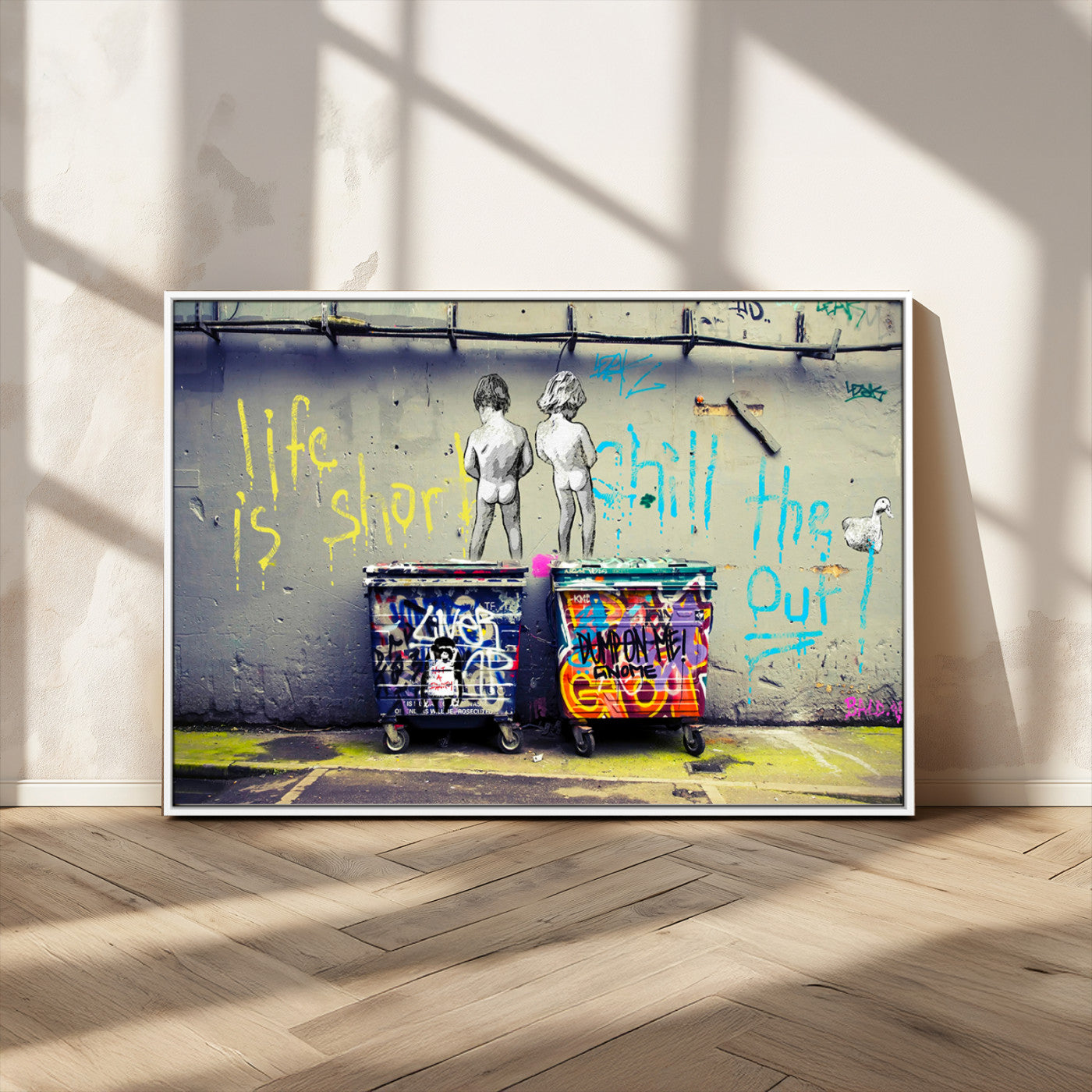 Graffiti-style canvas art with bold text and two naked figures over urban dumpsters, ideal for edgy or street-style decor.