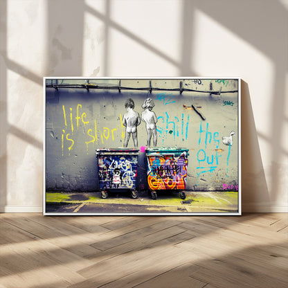 Graffiti-style canvas art with bold text and two naked figures over urban dumpsters, ideal for edgy or street-style decor.