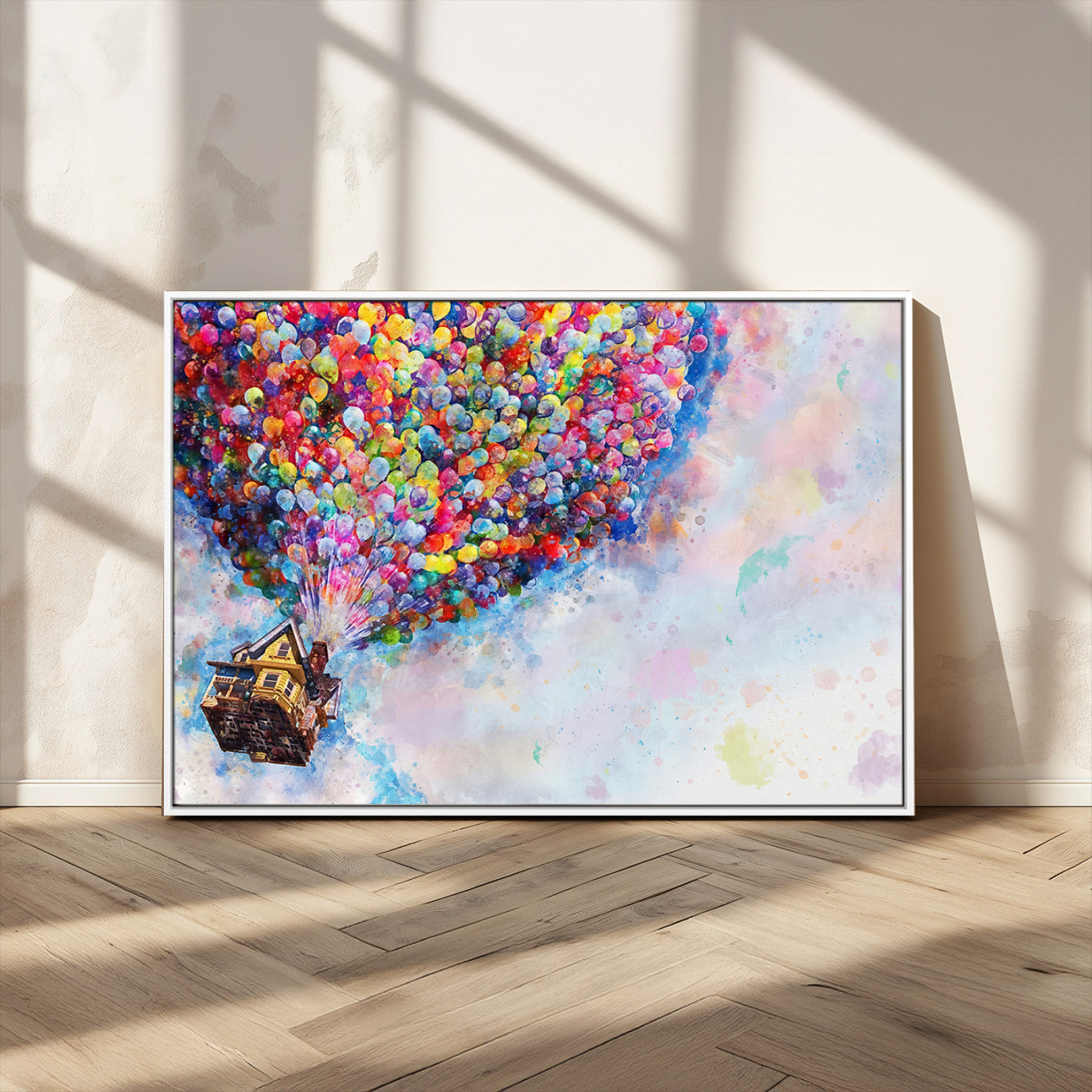 Whimsical canvas of the house from the movie Up flying with colorful balloons, ideal for Pixar or animation-themed decor.