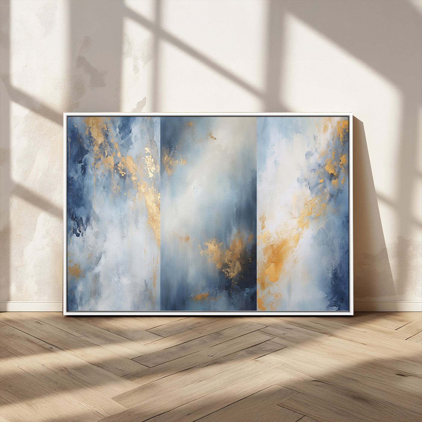 Abstract canvas art in soft blue and gold tones with textured brushstrokes, ideal for elegant or modern neutral decor spaces.