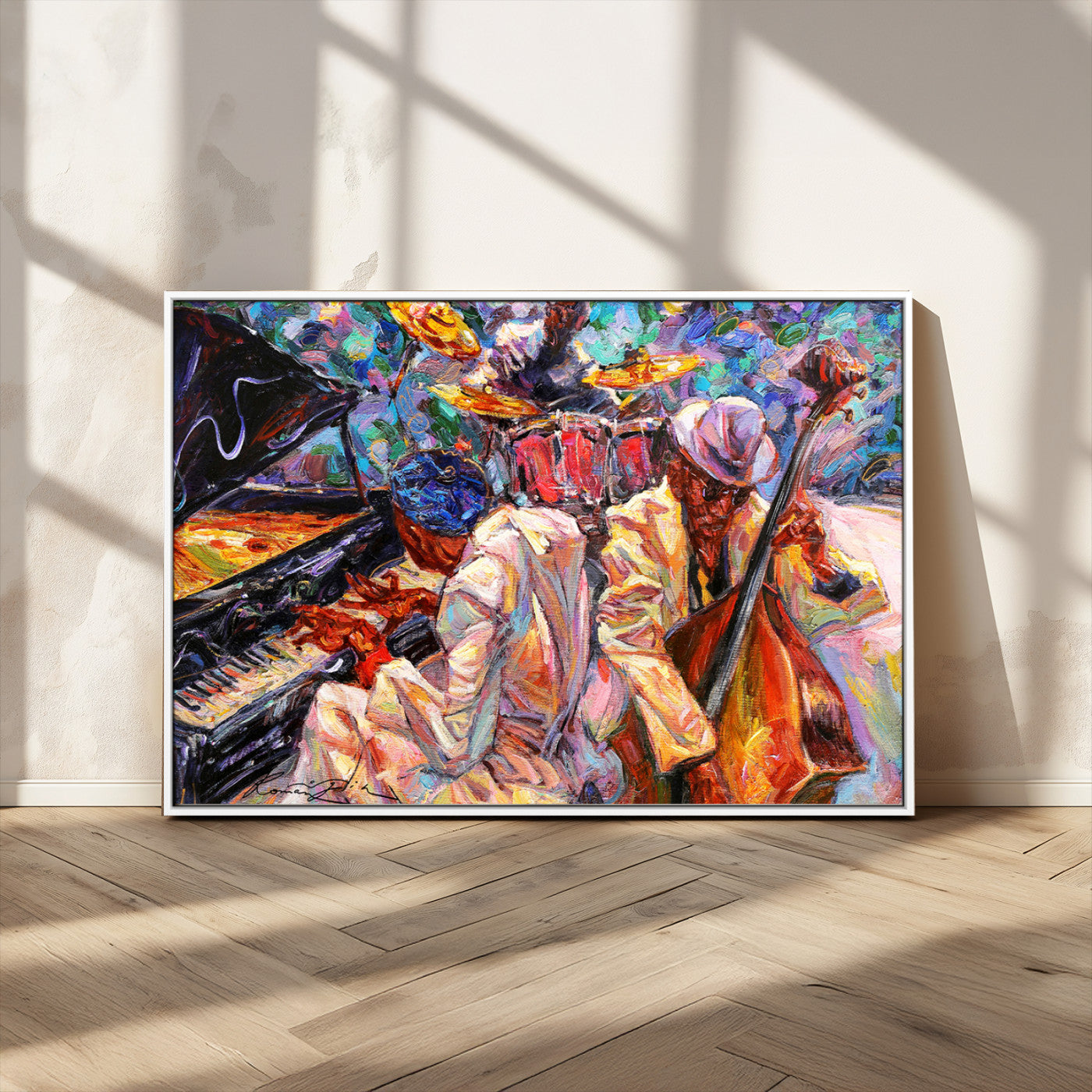 Vibrant oil painting of a jazz band with piano, saxophone, and bass, ideal for colorful and expressive music-themed home decor.