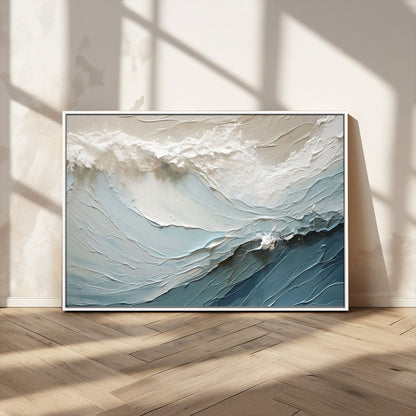 Textured canvas of ocean waves in soft coastal blues and creamy whites, ideal for modern or minimalist coastal-style interiors.