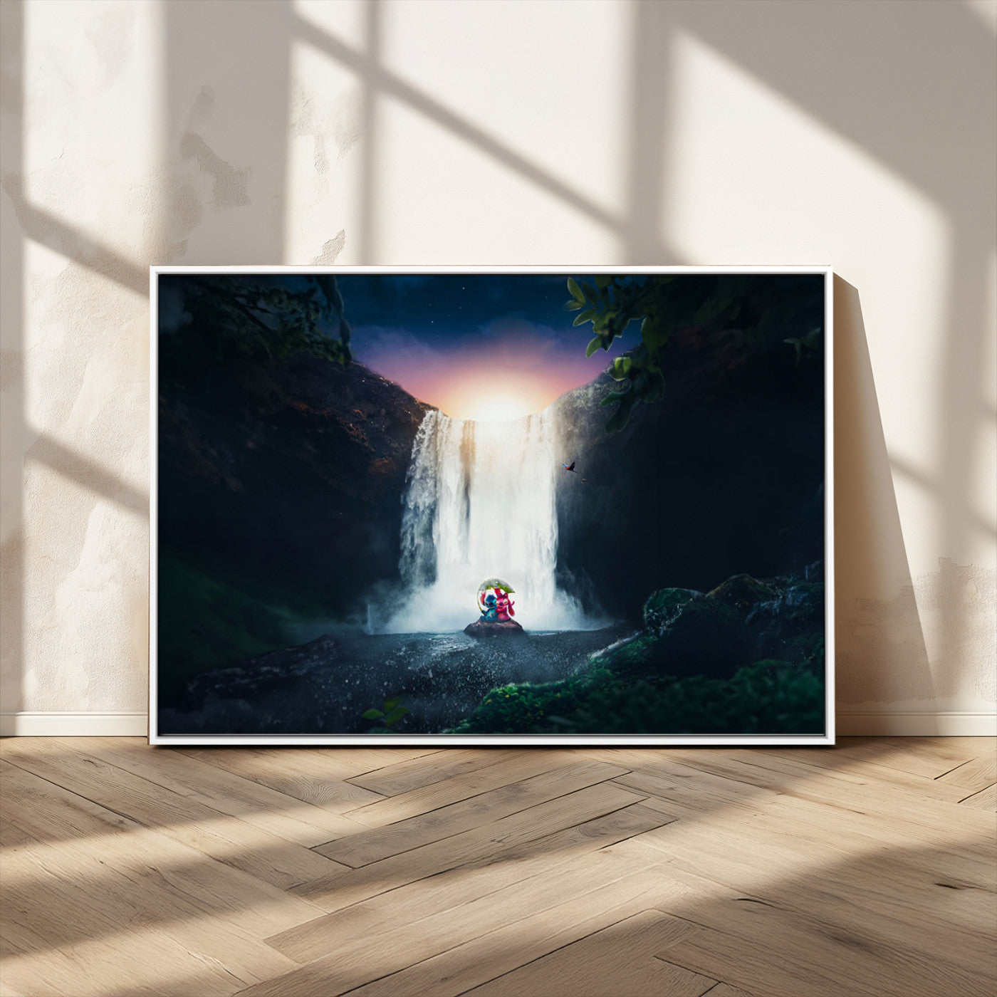 Romantic scene of Stitch and Angel sitting under a leaf in front of a glowing waterfall, ideal for tropical or fantasy-themed decor.