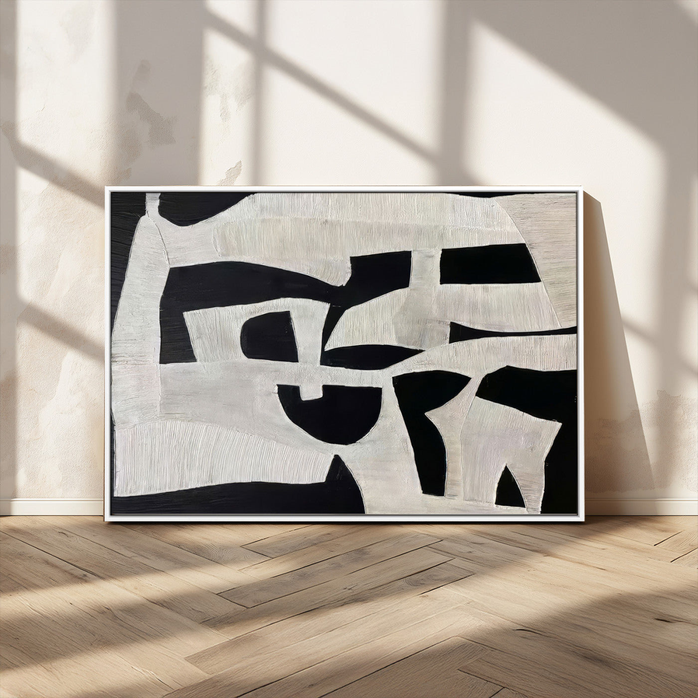 Minimalist black and white canvas featuring bold abstract textures and geometric shapes, ideal for modern neutral decor.