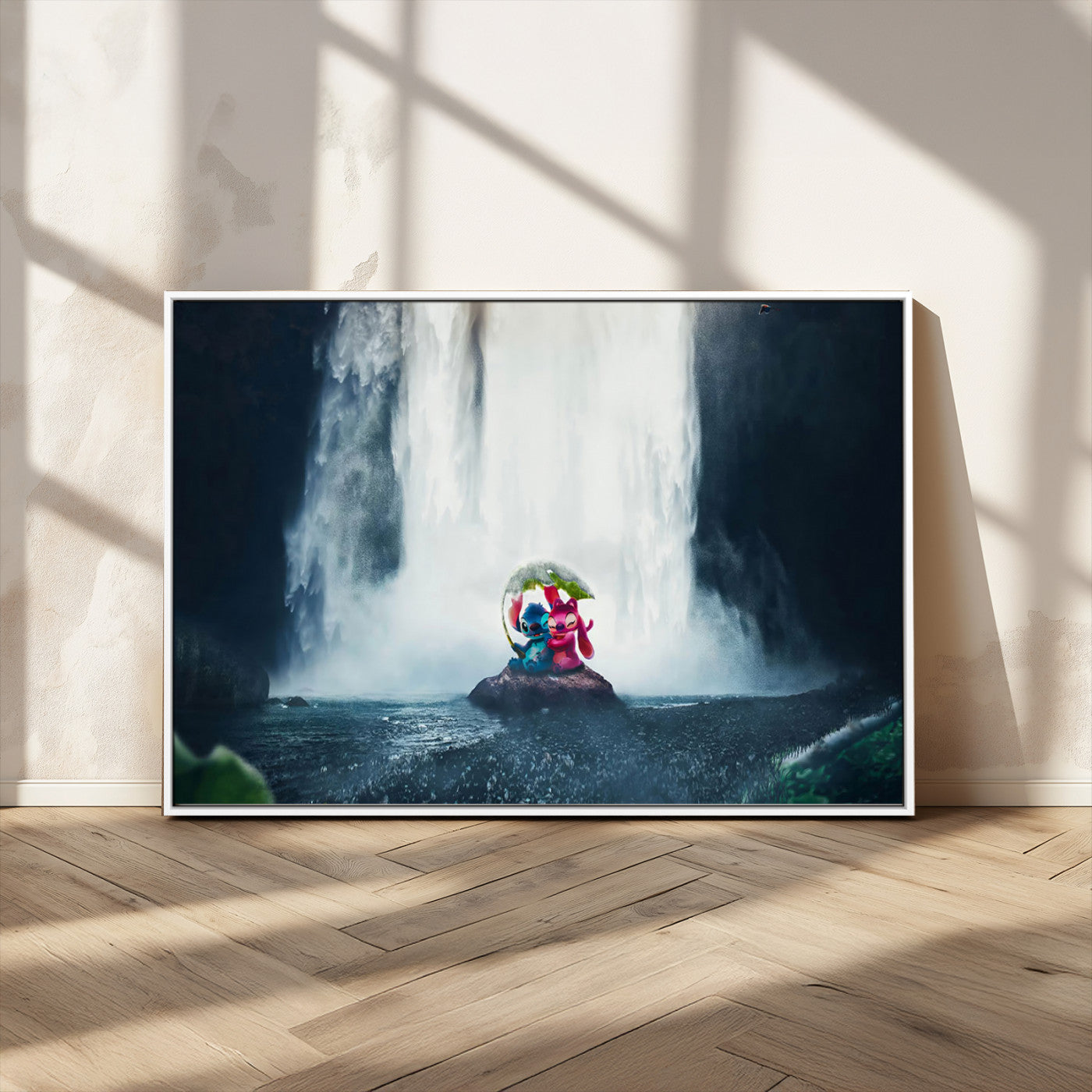 Fantasy canvas of Stitch and Angel under a leaf umbrella in front of a dramatic waterfall, perfect for moody jungle-themed or animated decor.