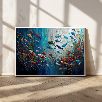Colorful painting of fish swimming in abstract ocean swirls, perfect for vibrant marine-themed or expressive coastal home decor.