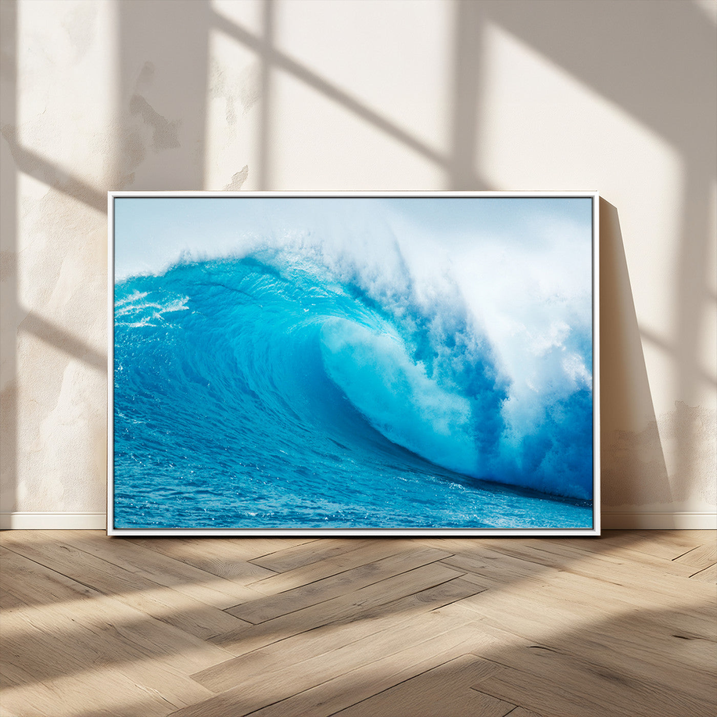 Vibrant canvas of a powerful curling ocean wave in tropical blue tones, perfect for coastal or surf-inspired decor settings.