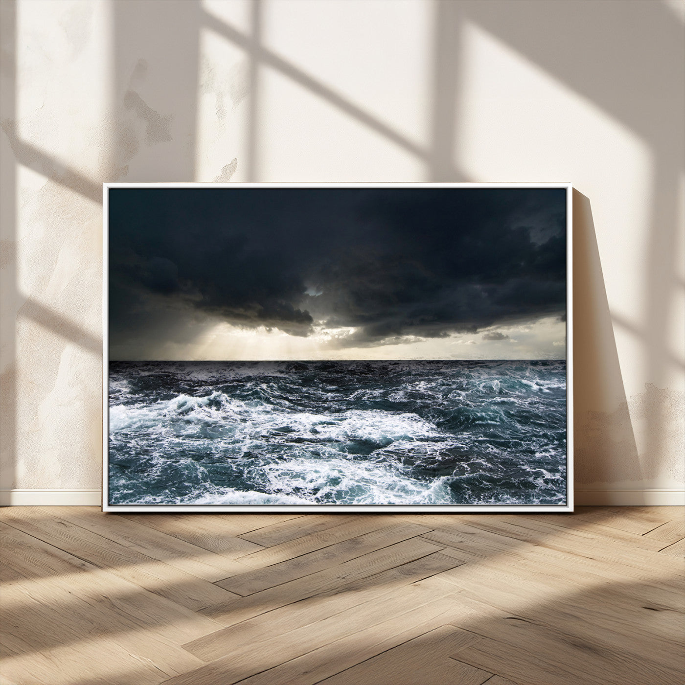 Moody ocean scene with stormy skies and crashing waves, perfect for dramatic or coastal-style home wall decor.