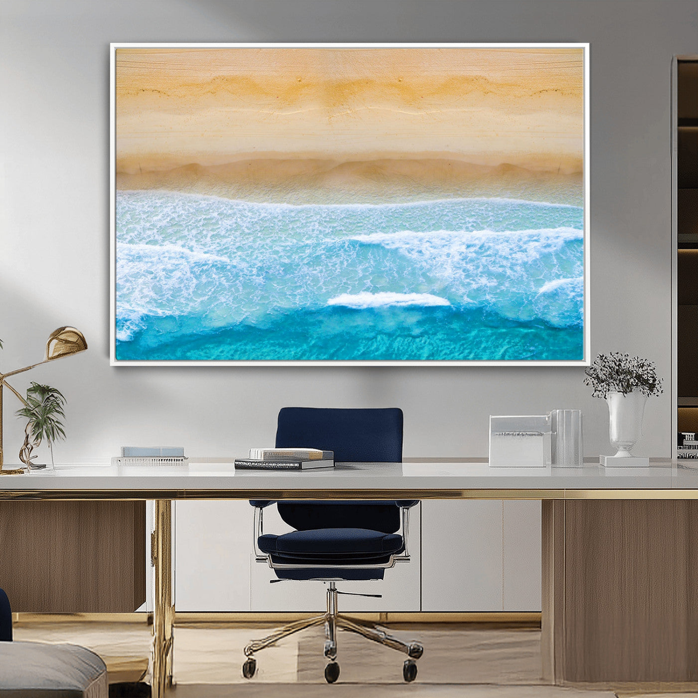 -Aerial Beach Wall Art – Serene Ocean Waves & Sandy Shore Canvas Print, Coastal Home Decor for Living Room, Bedroom or Office