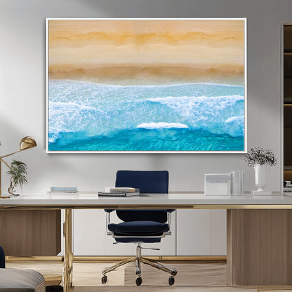 -Aerial Beach Wall Art – Serene Ocean Waves & Sandy Shore Canvas Print, Coastal Home Decor for Living Room, Bedroom or Office