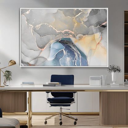 -Abstract Fluid Art Wall Decor – Blue, Gray & Gold Canvas Print, Modern Home and Office Wall Art Decor for Living Room, Bedroom or Workspace