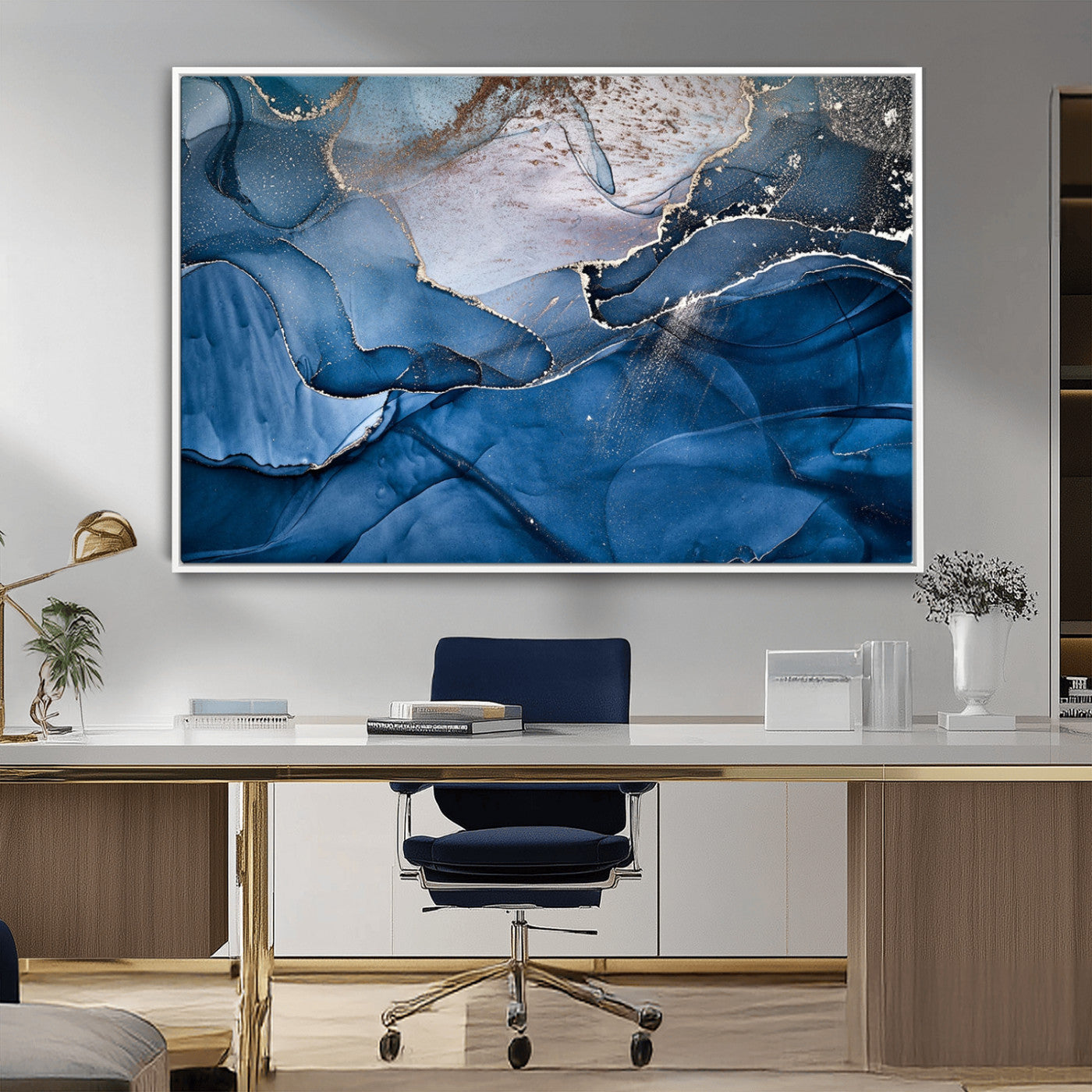 27810-MGV-FC-36X24_White-Abstract Blue Gold Fluid Art Wall Decor – Modern Canvas Print, Elegant Home & Office Wall Art, Stylish Living Room or Bedroom Decoration