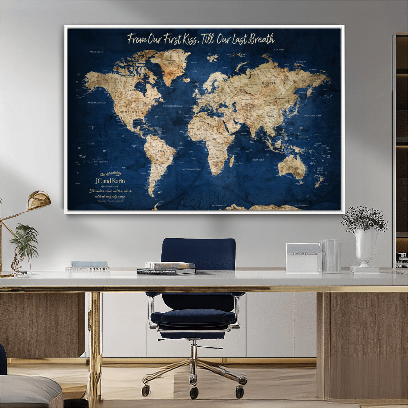 56122A-MGV-CV-36X24-Push Pin World Map Canvas Print – Framed Wall Art for Couples to Track Their Travels – Anniversary Gift or Home Adventure Decor - H2-Orj