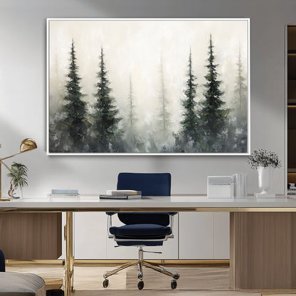 Soft and misty pine forest painting in neutral earthy tones, ideal for calm woodland or minimalist rustic home decor.