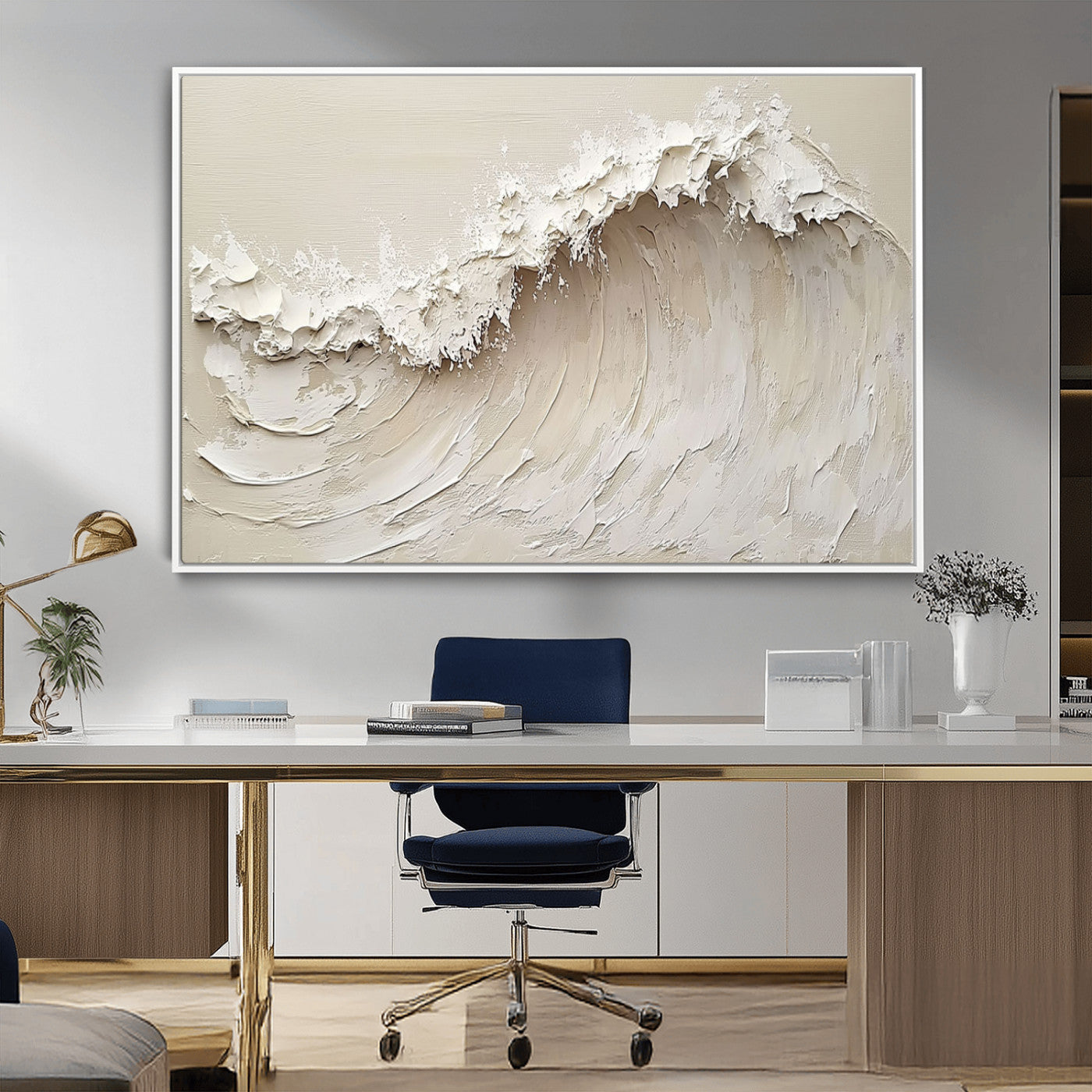 Textured canvas of an abstract white ocean wave in neutral tones, ideal for modern coastal or minimalist home decor.