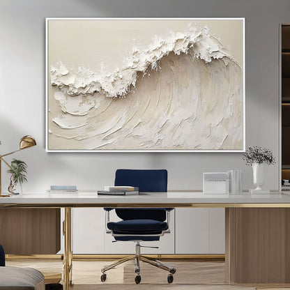 Textured canvas of an abstract white ocean wave in neutral tones, ideal for modern coastal or minimalist home decor.
