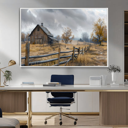 A tranquil rural scene featuring a rustic barn, overcast skies, and golden fields with scattered trees, evoking a sense of peaceful solitude in nature.