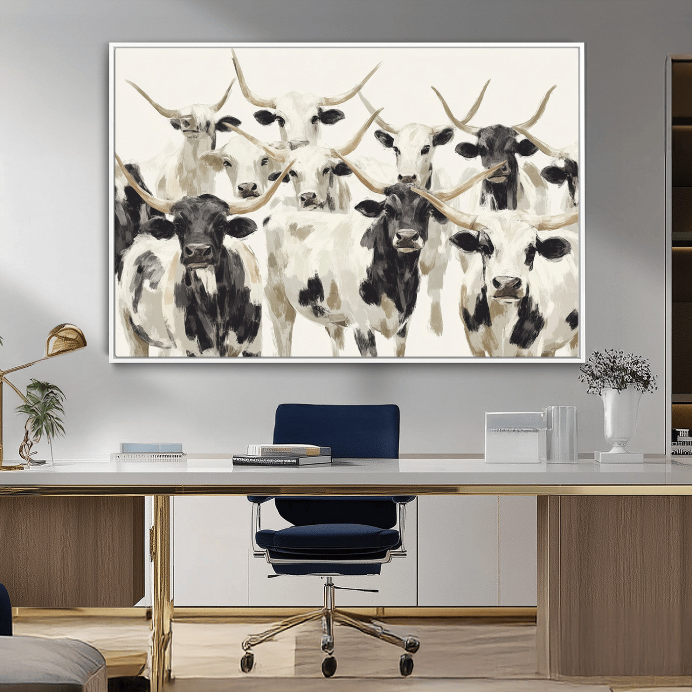 Canvas of a Texas Longhorn cattle herd in neutral black and white tones, ideal for rustic farmhouse or western-themed decor.