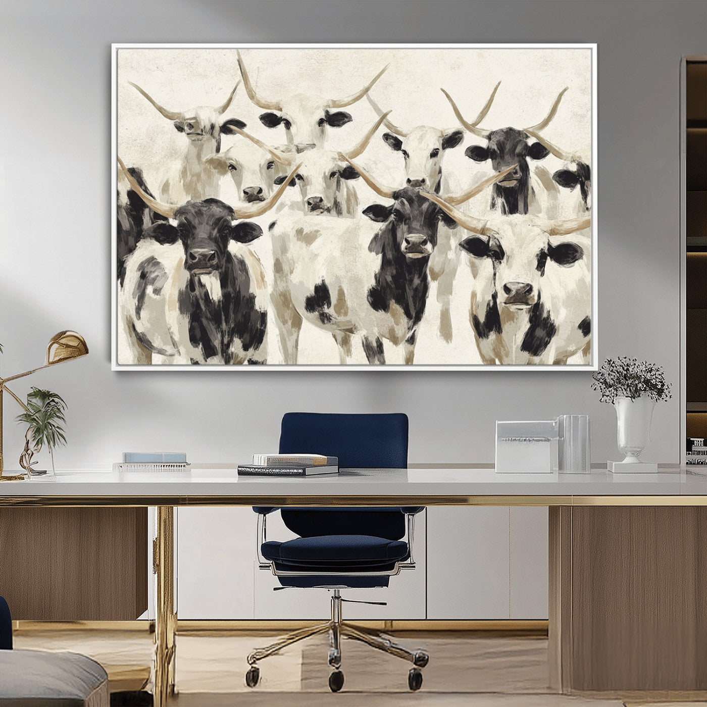 Canvas of a Texas Longhorn cattle herd in neutral black and white tones, ideal for rustic farmhouse or western-themed decor.