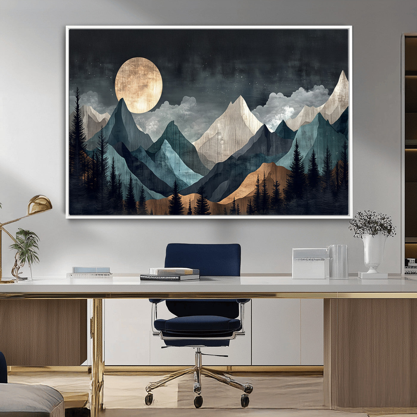 Stylized canvas of layered mountains under a full moon in neutral moody tones, ideal for nature-inspired or modern rustic interiors.