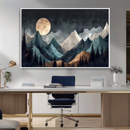 Stylized canvas of layered mountains under a full moon in neutral moody tones, ideal for nature-inspired or modern rustic interiors.