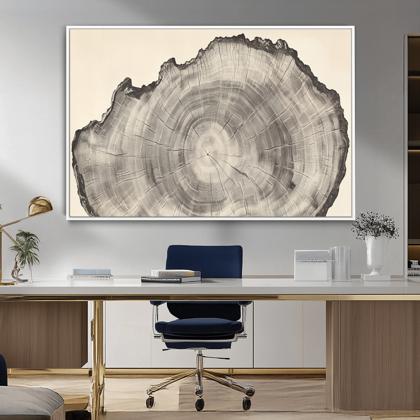 Detailed tree ring drawing in monochrome tones, ideal for rustic or nature-inspired interiors with a minimal decor aesthetic.