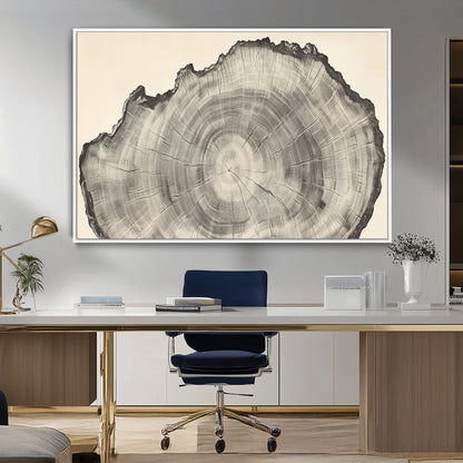 Detailed tree ring drawing in monochrome tones, ideal for rustic or nature-inspired interiors with a minimal decor aesthetic.