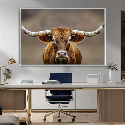 Close-up of a Texas Longhorn with strong curved horns and warm brown tones, perfect for rustic or western-style wall decor.